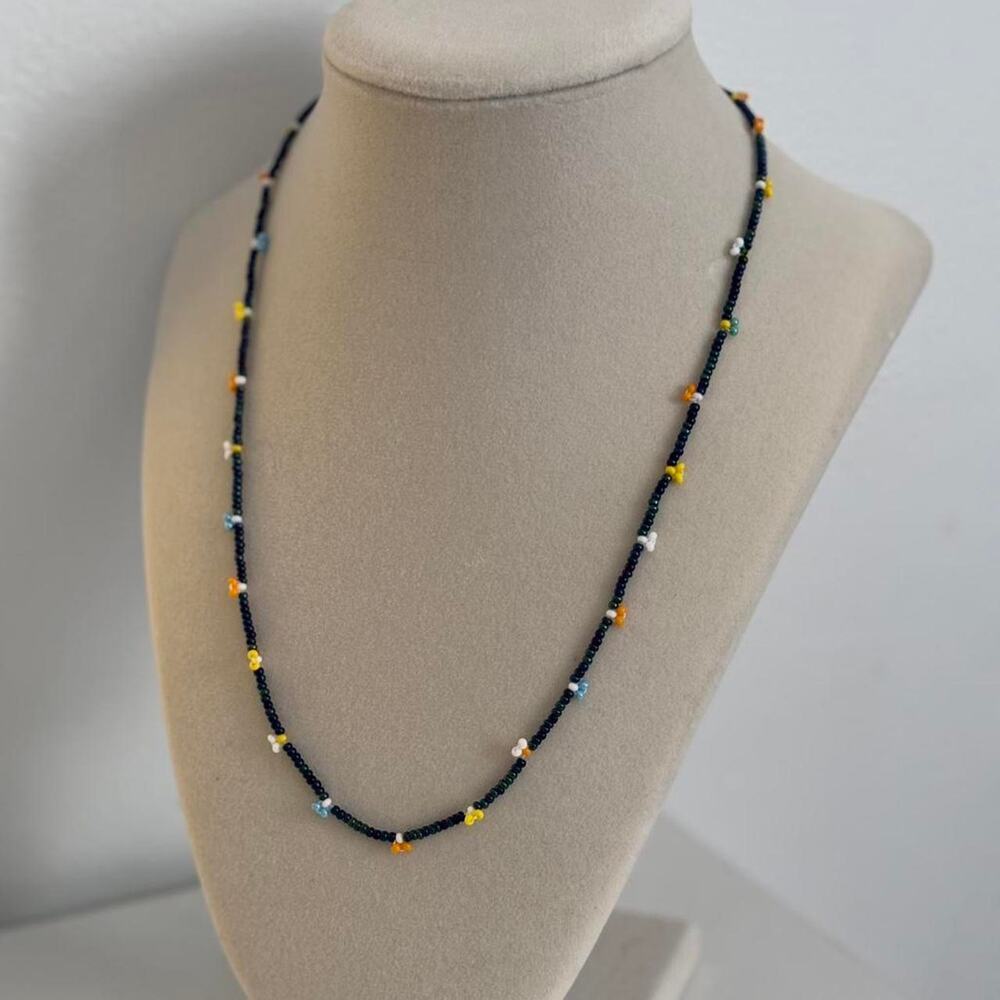 Black Beaded Necklace Yellow White Beads Handmade Unique Artisan Jewelry Gift - Picture 4 of 4